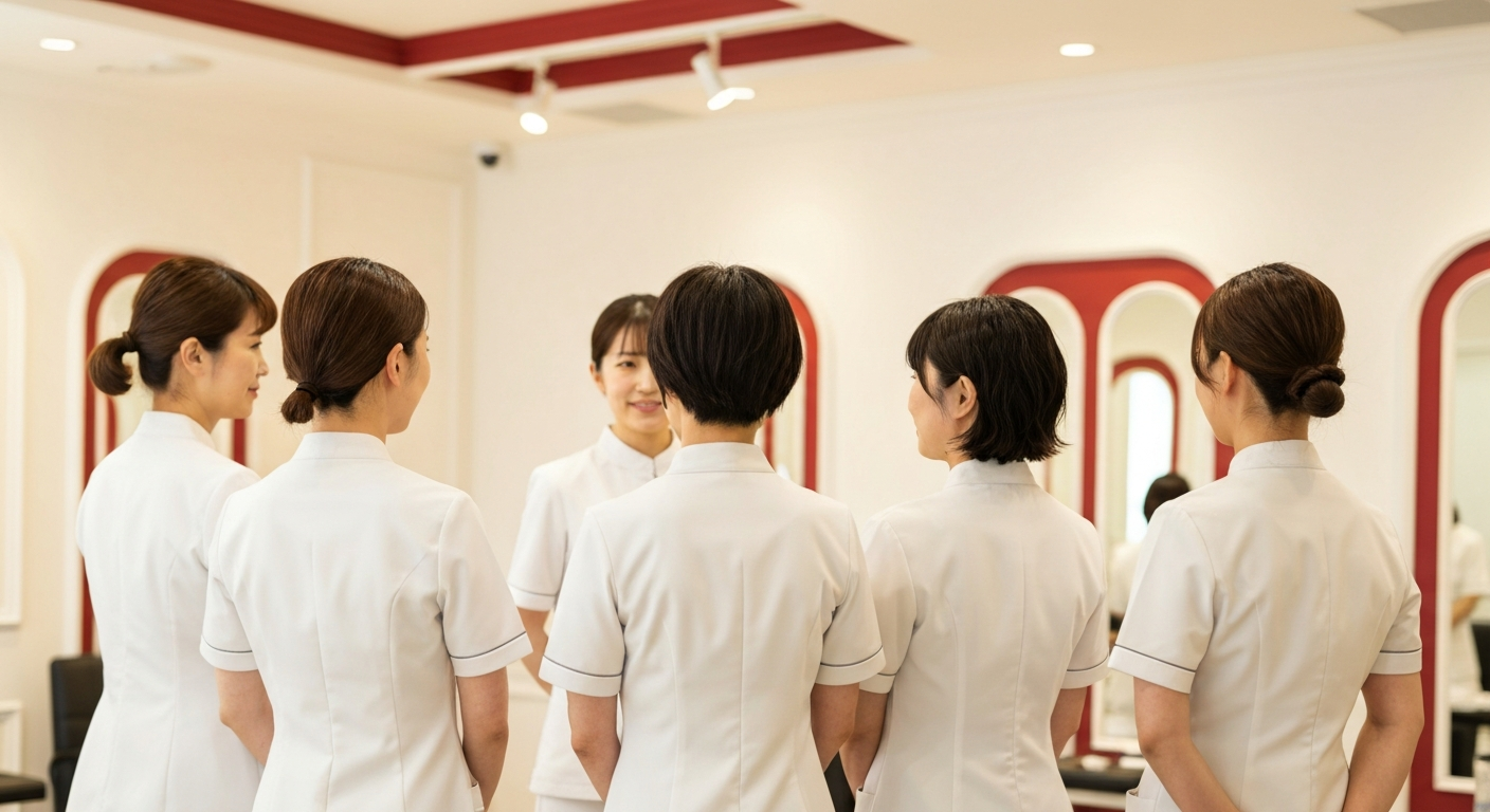 BUPURA姫路北条店のスタッフチーム、白いユニフォームの認定技術者たち